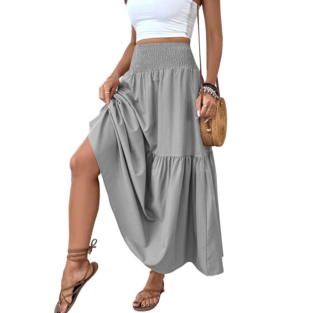 6062 Long Skirts High Waisted Boho Maxi Skirt with Pockets M,932-Light Gray